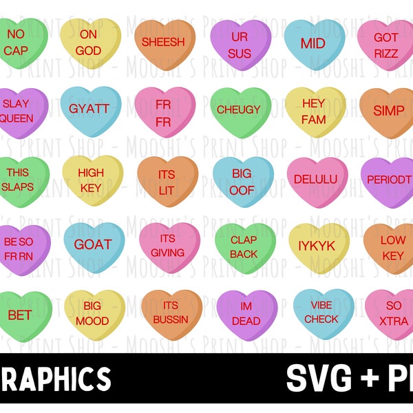 Funny Slang Conversation Hearts Clipart Bundle, Gen Z Millennial Candy Heart Graphics, Cute Sublimation Image Cut File, Download SVG PNG