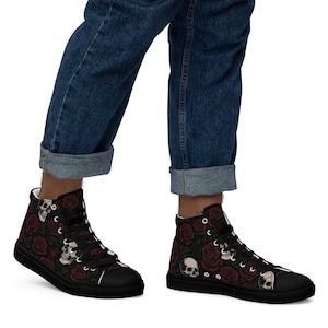 Gothic Skull Rose High Top Canvas Boots – Punk Lace-Up Sneakers for Men Women – Dark Floral Gothic Halloween Shoes