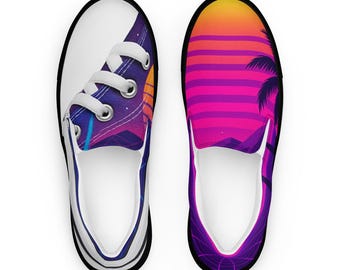 Zapatillas de lona sin cordones Vaporwave retro: zapatillas con palmeras al atardecer de neón de los 80, estética Y2K