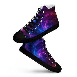 Cosmic Nebula Galaxy High Top Canvas Sneakers – Purple Blue Space Art Shoes – Unisex Space Sneakers