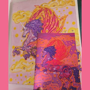 May include: A colorful illustration of a winged unicorn with purple and red wings, set against a background of yellow and pink clouds. The unicorn is depicted in a dynamic pose, with its head turned to the side and its mane flowing in the wind.