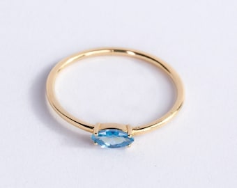 Marquise Blue Topaz Birthstone Ring 14K Solid Gold, Horizontal Sky Blue Stone Ring for Women, Customizable Light Blue Gemstone Ring