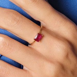 Emerald Cut Ruby Ring 14K Solid Gold, Red Ruby Birthstone Ring Women, Rectangle Gemstone Stackable Ring Gift