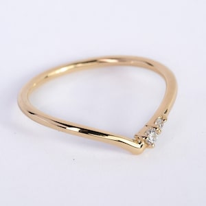 V Shape Chevron Ring Two Diamond Stackable Ring 14K Gold Curved Band, Wave Dual Diamond Stacked Ring, Wishbone Ring Women