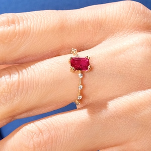 Baguette Ruby Ring, 14K Solid Gold Vintage Style Birthstone Rings with Accents