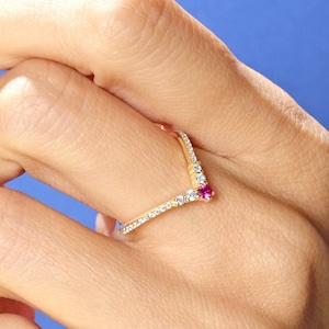 Curved Ruby Ring V Shape Diamond Band 14K Solid Gold Engagement Ring, Tiny Red Ruby Birthstone Chevron Wishbone Wedding Rings