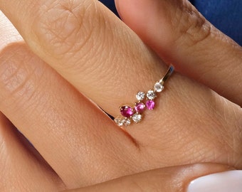 14K Gold Cluster Ruby Diamond Ring , Six Thin Moissanite Three Birthstone Rings