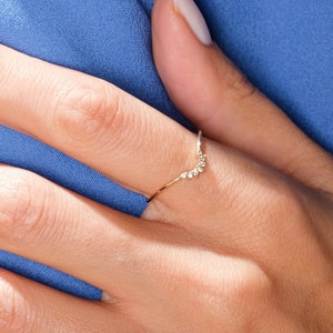 Crown V Ring 14K Solid Gold Wavy Engagement Ring, Curved Wedding Band V Shape Diamond Chevron Ring, Wishbone Promise Ring Women