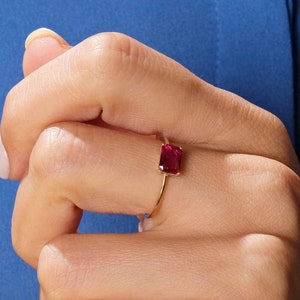Baguette Ruby Ring 14K Solid Gold Birthstone Ring, Customizable Red Gemstone Ring Women, Solitaire Rectangle Single Stone Ring Gift