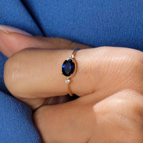 Blue Sapphire Ring Gold, Engagement Ring, 14K Solid Gold Ring, Handmade Jewelry, Promise Ring, Birthstone Ring, Art Deco Ring, Gemstone Ring