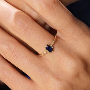 Blue Sapphire Engagement Ring: 14K Solid Gold Oval Birthstone with Side Diamond Wedding Band