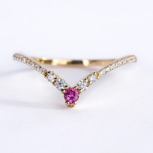 Round Ruby Ring 14K Solid V Shape Chevron Gold Small Diamond Band, Birthstone Tiny Diamond Curved Ring Women, Red Ruby Wishbone Ring Her