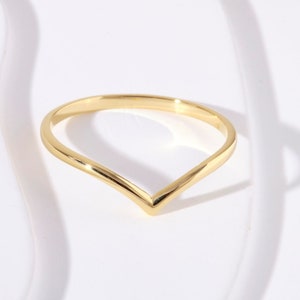 14K Solid Gold V Ring, Dainty Stackable Curved Band, Chevron Wedding Band Jewelry Gift Women, Wishbone Contoured Ring, Wave Engagement Ring
