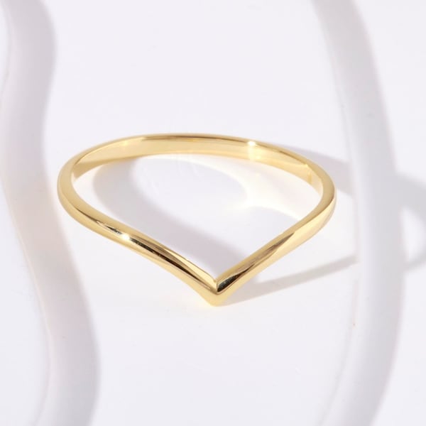 14K Solid Gold V Ring, Dainty Stackable Curved Band, Chevron Wedding Band Jewelry Gift Women, Wishbone Contoured Ring, Wave Engagement Ring