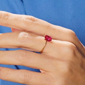 Ruby Baguette Ring 14K Gold, Customizable Ruby Birthstone Ring for Women, Rectangle Red Gemstone Ring Solitaire Summer Gift