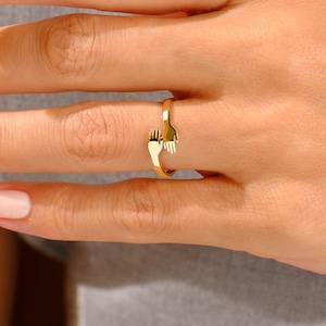 14K Gold Hug Ring, Hugging Love Hands Rings, Friendship Two Hand Band