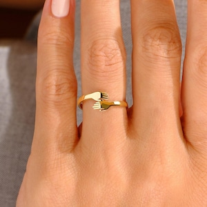 14K Gold Hug Ring, Hugging Love Hands Rings, Friendship Two Hand Band