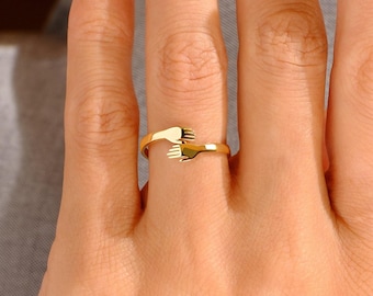 14K Gold Hug Ring, Hugging Love Hands Rings, Friendship Two Hand Band