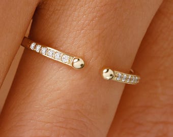 Open Ring Thin Diamond Ring 14K Solid Gold Adjustable Band, Open Cuff Two Small Ball Diamond Ring Women
