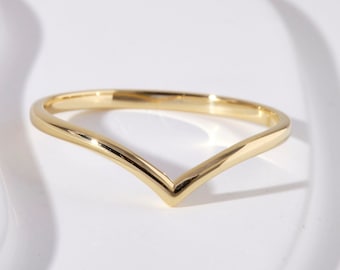 Bague V en or massif 14K, bande incurvée empilable délicate, cadeaux de bijoux de mariage faits à la main pour les femmes, bague Wishbone, bague vague profilée