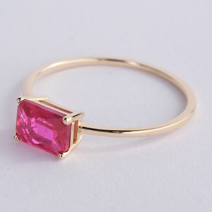 Emerald Cut Ruby Ring, 14K Solid Gold Rectangular Birthstone Rings Red Gemstone Stackable Ring