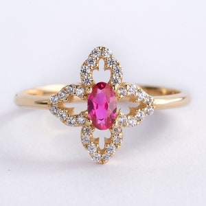 Oval Ruby Ring 14K Solid Gold Halo Diamond Ring, Ruby Birthstone Art Deco Statement Ring for Women, Red Wedding Ring Vintage Style