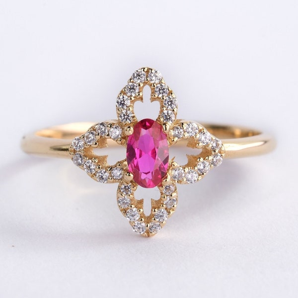 Ruby Birthstone Diamond Engagement Ring, Custom Oval Birthmonth Cluster Moissanite Wedding Ring Bride, Personal 10K 14K 18K Cz Art Deco Ring