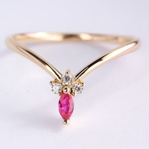 Marquise Ruby Ring Deep V Chevron Band 10K 14K 18K Solid Gold Side Diamond Ruby Statement Ring, V Curved Wedding Ring July Birthstone Gift