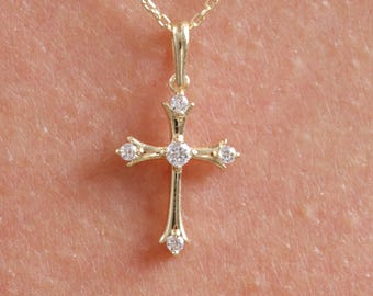 Collar con cruz y cinco pequeños diamantes en oro macizo de 14 quilates, colgante de rosario con cruz y moissanita, regalo religioso.