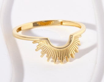 Sunrise Spike Stacking Ring – 10K 14K 18K Gold Comfort Fit Rising Sun Ring, Perfect Gift for Girlfriend or Daughter, Elegant Sunshine Ring
