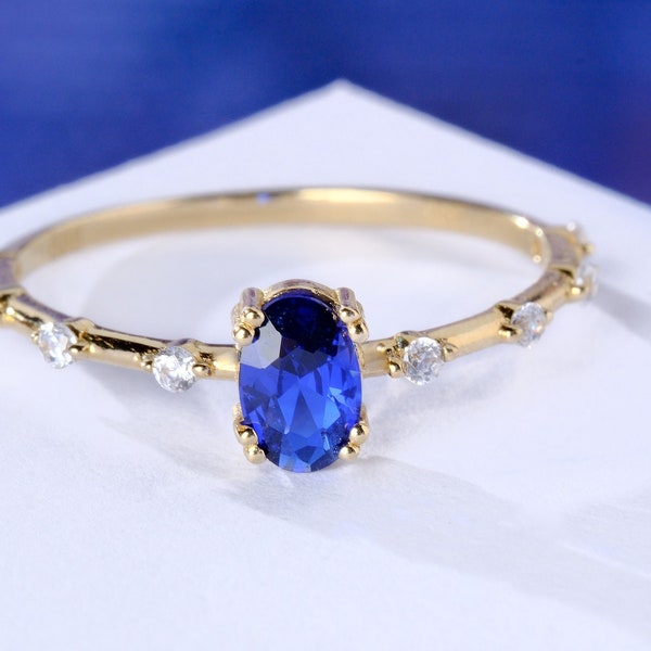 Blue Sapphire Diamond Engagement Ring, 10K 14K 18K Gold Oval Birthstone Moissanite Female Wedding Ring Her, Custom Birthmonth Jewelry Gifted