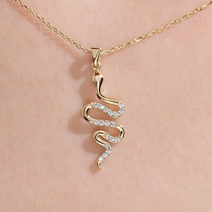 14K Solid Gold Diamond Snake Necklace: Minimalist Serpent Pendant, Moissanite Animal Lover Stacking Charm