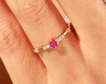 14K Gold Round Ruby Ring, Diamond Accent Minimal Birthstone Art Deco Wedding Rings