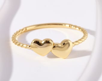 Gold Double Heart Stacking Ring, Cute Twisted Full Eternity Stackable Band, Heart Shaped Valentin Ring Gifted, Everyday Stacked Ring Women