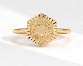 Sun and Moon Ring Hexagon Signet Ring, 14K Gold Celestial Sunshine Zodiac Goddess Rings