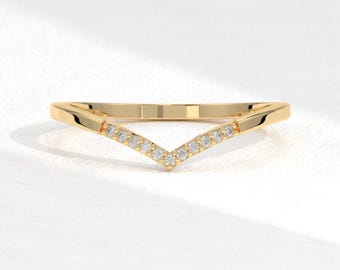 14K Solid Gold Diamond Chevron Ring: V Shape Curved Moissanite Band