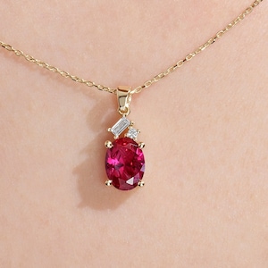14K Solid Gold Ruby Necklace, Handmade Birthstone Jewelry, Gemstone with Diamond Necklace Pendant for Women, Bridesmaid Jewelry