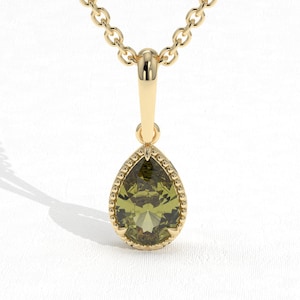 Natural Peridot Green Necklace 14K Solid Gold, Genuine Teardrop Peridot Birthstone Pendant, Raw Pear Cut Peridot Charm Necklace