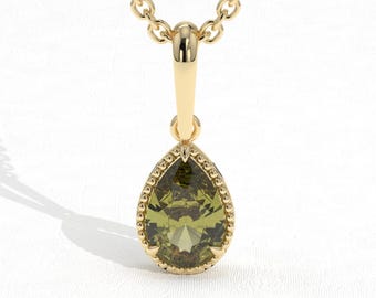 Natural Peridot Green Necklace 14K Solid Gold, Genuine Teardrop Peridot Birthstone Pendant, Raw Pear Cut Peridot Charm Necklace