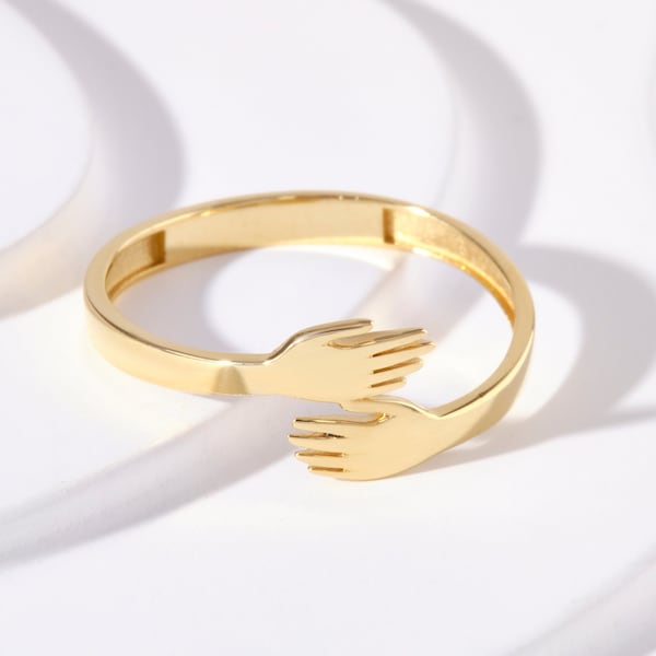 14K Gold Hug Ring, Unique Love Hugging Hands Stacking Ring Girl, Dainty Friendship Two Hand Band, 18K Solid Gold Stylish Fine Jewelry Women