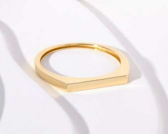 Dainty Signet Flat Bar Stacking Ring, 10K 14K 18K Gold Skinny Bar Ring Her, Customized Free Name Engraved Ring, Personalized Textured Band