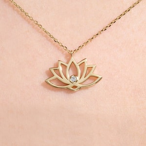 14K Gold Lotus Flower Pendant Necklace with Diamond, Floral Yoga Pendants and Moissanite