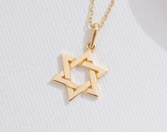 Colgante con estrella de David: collar con estrella de David en oro macizo de 14 quilates