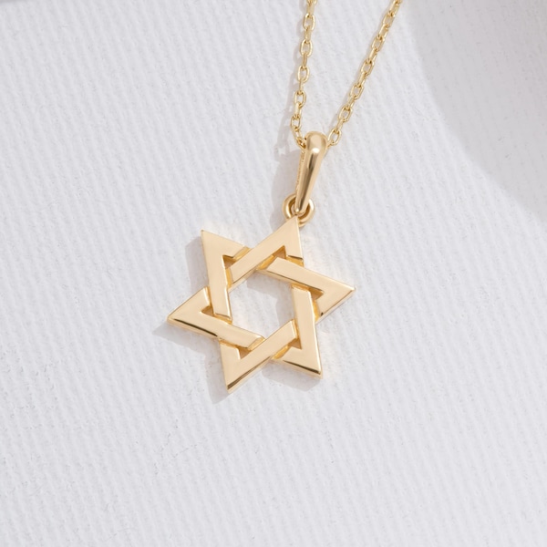 David Star Charm Pendant: 14K Solid Gold Star of David Necklace