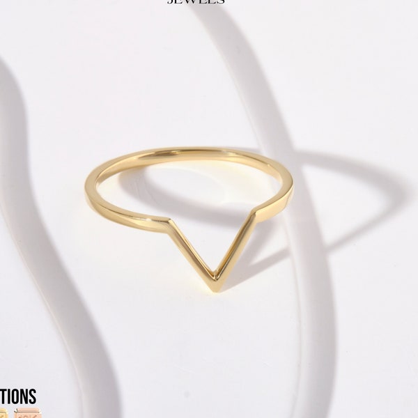 Dainty Solid Gold V Ring 18K 14K 10K, Solid Gold Arched V Shaped Thumb Ring, Chevron Gold Midi Ring, Classy Wedding Band, Stacking Ring Her
