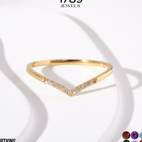 14K Gold Birth Stone V Ring, 18K Solid Gold Arched V Ring, 10K Dainty Chevron Gold Birthstone Ring, Wedding Band, Stacking Birthday Ring Her