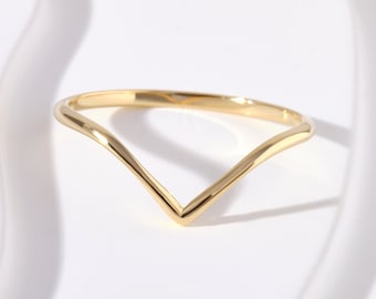 Dainty Solid Gold V Ring 18K 14K 10K, Solid Gold Arched V Shaped Thumb Ring, Chevron Gold Midi Ring, Classy Wedding Band, Stacking Ring Her