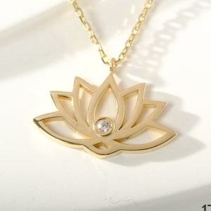 Lotus Flower Diamond Pendant Necklace with 14K Solid Gold Women, Floral Yoga Jewelry Pendant Moissanite, Minimalistic Bridesmaid Necklace