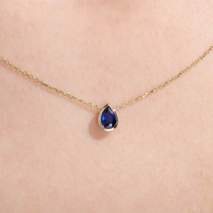 Sapphire Necklace Pear Shape Birthstone Necklace, 14K Gold Customizable Tear Drop Blue Saphire Pendant, Dainty Personal Necklace Summer Gift