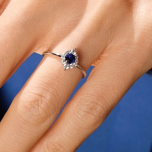 White Gold Sapphire Engagement Ring Halo Diamond, 14K Real Gold Blue Sapphire Ring September Wedding Gift, Round Birthstone Art Deco Ring